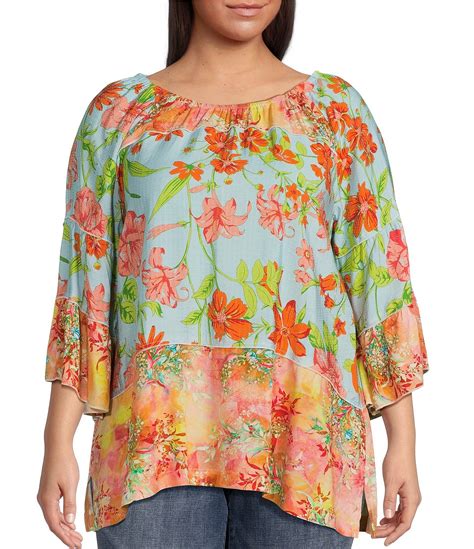 Calessa Plus Size Size Floral Print Scoop Neck 3 4 Tiered Sleeve Tunic