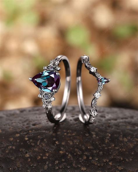 Pear Shape Alexandrite Black Leaf Engagement Ring Set Black Gold