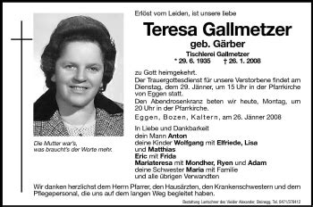 Traueranzeigen Von Teresa Gallmetzer Trauer Bz