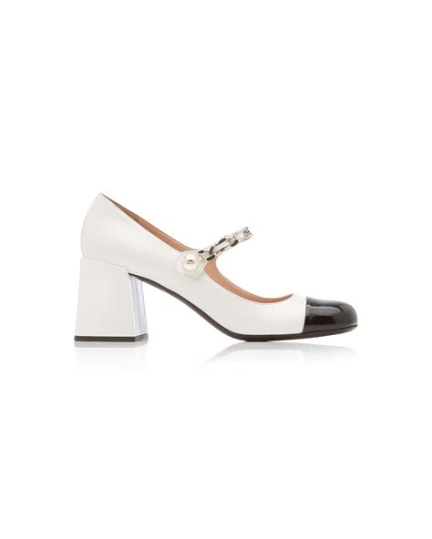 Miu Miu Patent Leather Cap Toe Mary Jane Pumps In Blackwhite White