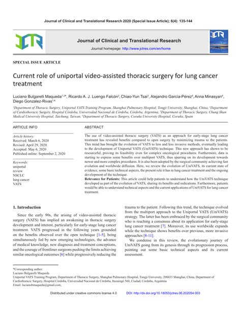 PDF Current Role Of Uniportal Video Assisted Thoracic Surgery For