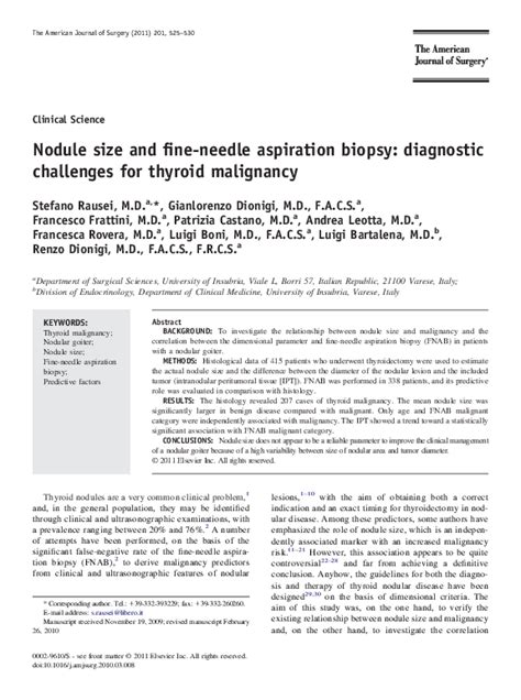 Pdf Nodule Size And Fine Needle Aspiration Biopsy Diagnostic Challenges For Thyroid