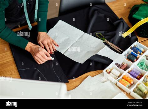 Top View Step By Step Woman Dressmaker Making Sewing Patterns Mature