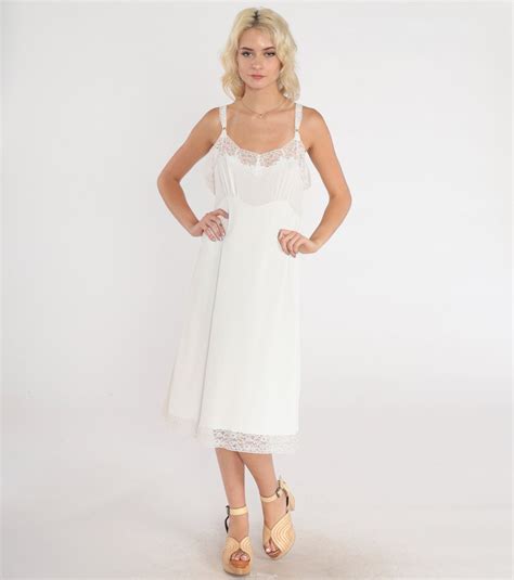 White Slip Dress 70s Lace Trim Lingerie Nightgown Midi Full Slip Empire Waist Adjustable