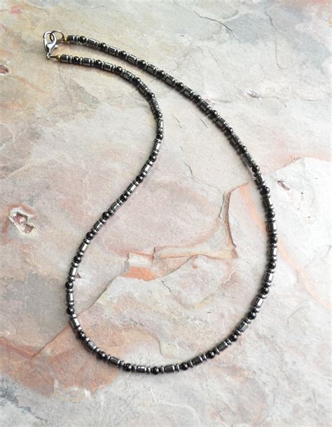 Black Mens Necklace Hematite Necklace Stone Necklace Beaded Etsy