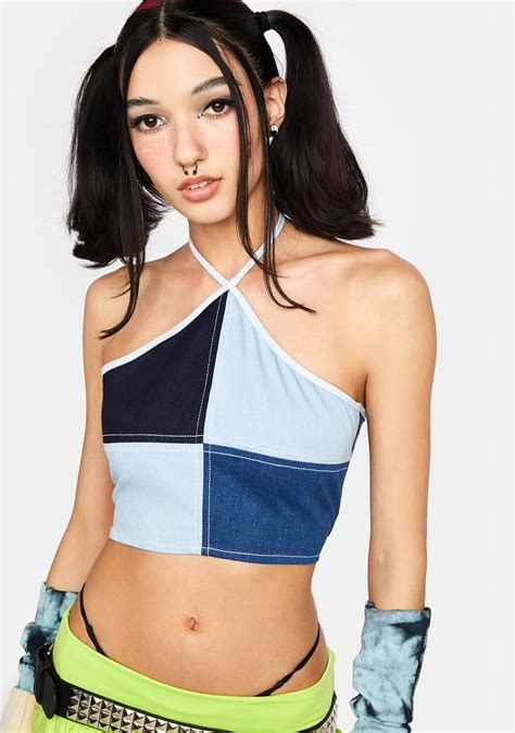 Denim Patchwork Halter Top Blue Dolls Kill