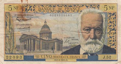 Banknote France 5 NF Victor Hugo 06 04 1961 Serial J 52