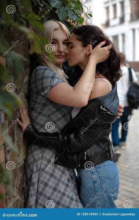 Happy Positive Attractive Lesbian Couple Stock Photo Image Of