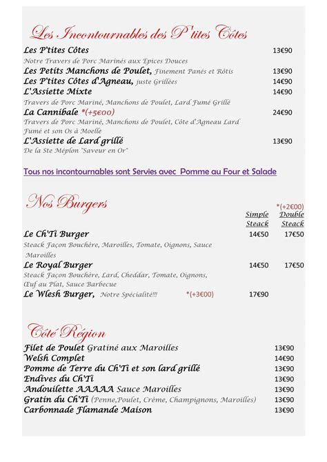 Menu au Les P tites Côtes restaurant Villeneuve d Ascq