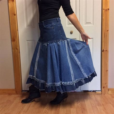 Upcycled Denim Maxi Skirt Recycled Blue Jean Skirt Midi Etsy