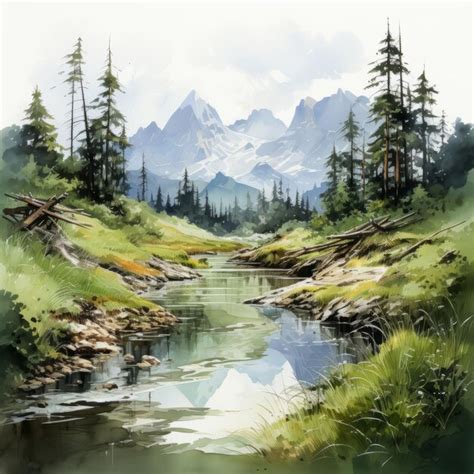 Premium Photo Hyper Realistic Watercolor Painting Of Mountain Stream