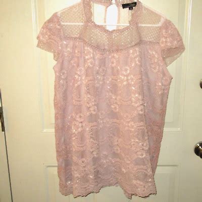 Suzanne Betro Top Womens Size 1X Pink Floral Lace Mesh Cap Sleeve