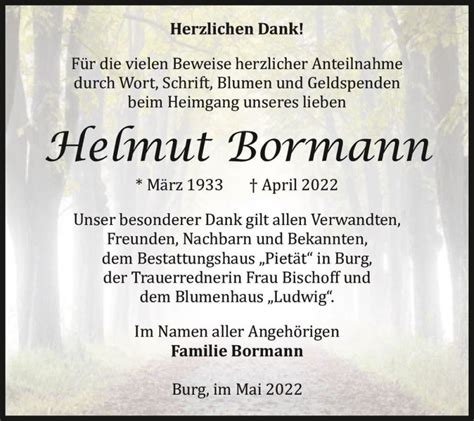 Traueranzeigen Von Helmut Bormann Abschied Nehmen De