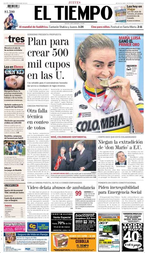 Periódico El Tiempo Colombia Periódicos De Colombia Edición De Jueves 18 De Marzo De 2010