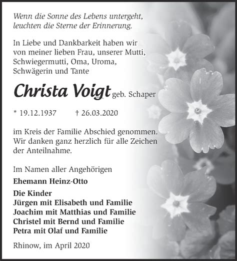 Traueranzeigen von Christa Voigt Märkische Onlinezeitung Trauerportal