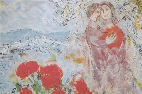 Offset Lithograph After Marc Chagall Red Bouquet With Lovers Ebth