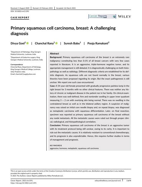 Pdf Primary Squamous Cell Carcinoma Breast A Challenging Diagnosis