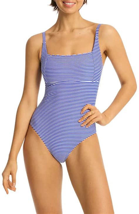 Sea Level Varsity Stripe Square Neck One Piece Swimsuit Cobalt