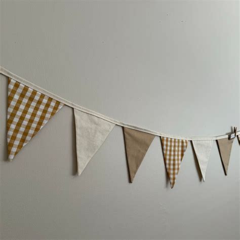 Bunting Neutral Fabric Flags Cream Beige Mustard Check Gingham Boho