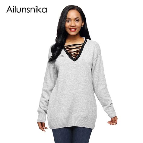 Ailunsnika Women Sweater Pullovers Female Crisscross V Neck Knitted Top