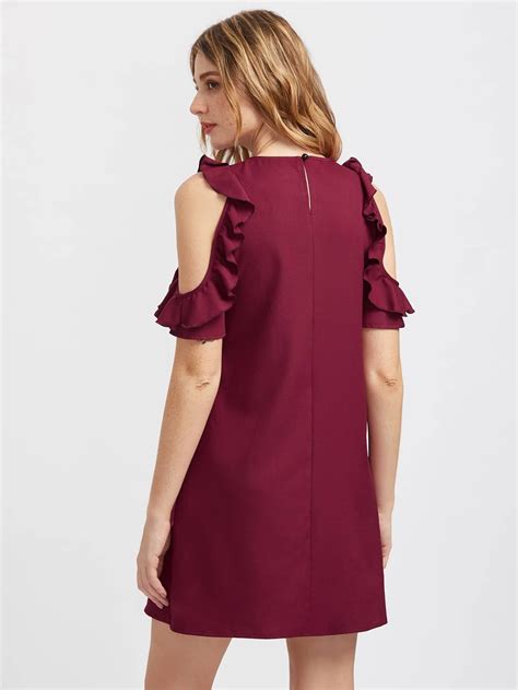 Buttoned Keyhole Back Frilled Open Shoulder Dress Shein Sheinside