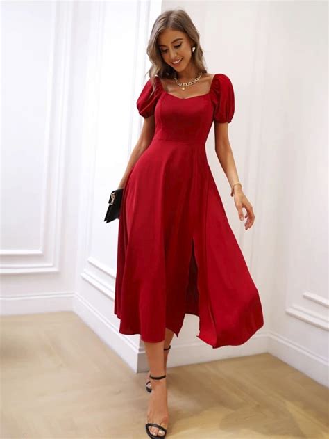 Puff Sleeve Sweetheart Neck Split Thigh Dress Elegant Red Dress Red