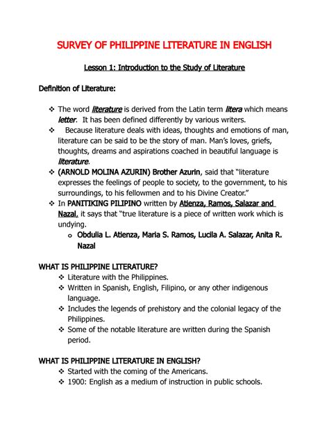 Survey OF Philippine Literature IN English - SURVEY OF PHILIPPINE LITERATURE IN ENGLISH Lesson 1 ...