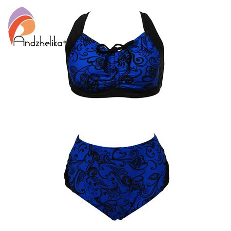 Andzhelika Plus Size Swimsuit Women New Print Bikinis Set Padded Sexy Fold Drawstring Mid Waist