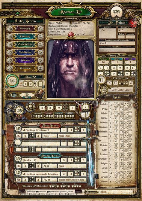 Pathfinder 2 Character Sheet Character Sheet Pathfinder Character