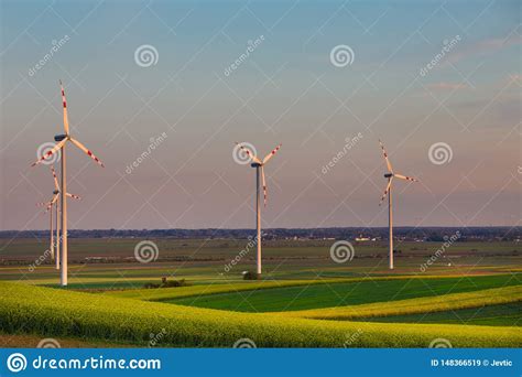 Wind Turbines In Field In Spring Time Stock Image Image Of Ecology Landscape 148366519