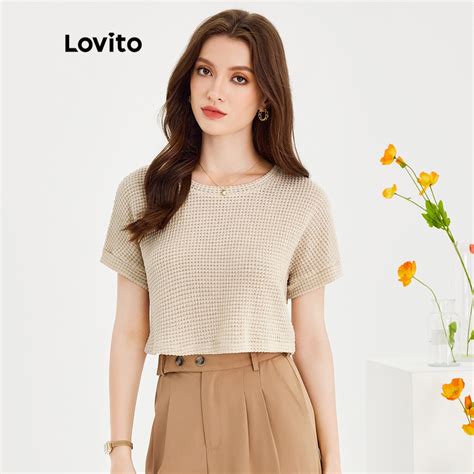 Lovito Casual Camiseta Feminina Lisa Cropped De Manga Curta Gola