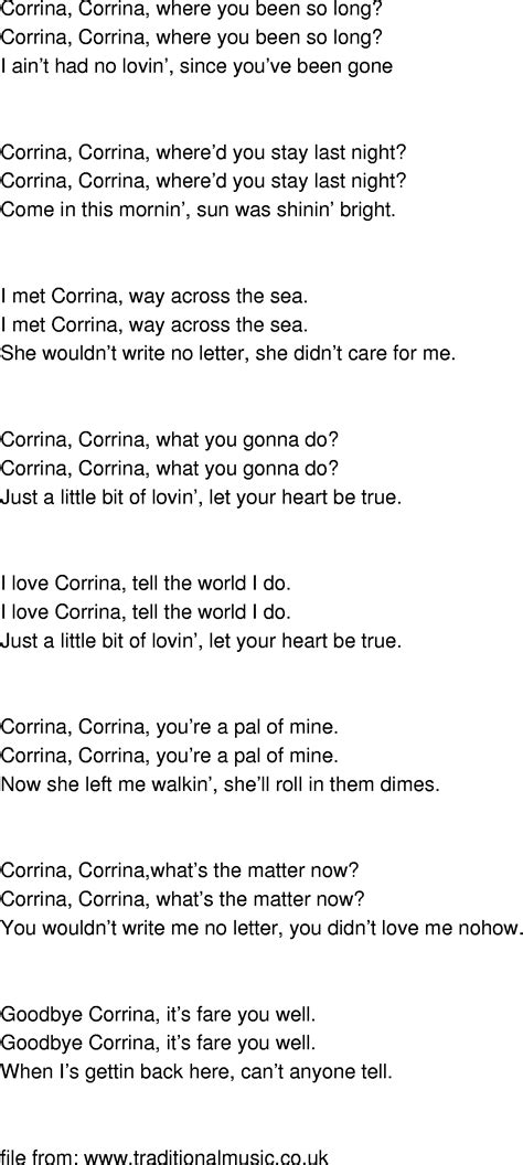 Old Time Song Lyrics Corrine Corrina