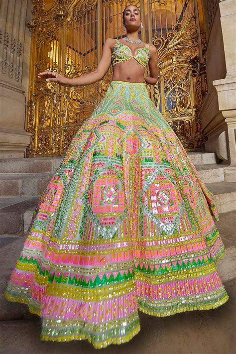 Neon Multi Colored Net Sequins Embroidered Bridal Lehenga Set By Seema