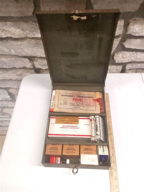 Vtg MacGill First Aid Kit Supplies Full Wall Mount Metal Box 13 25 X 9