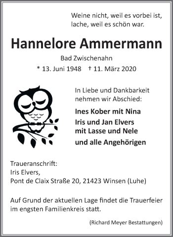 Traueranzeigen Von Hannelore Ammermann Nordwest Trauer De