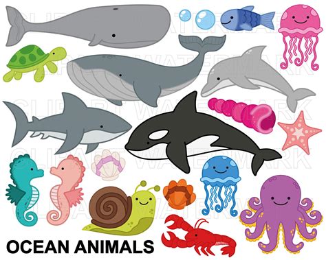 Ocean Animals Clipart, Sea Creatures, Whale, Shark, Dolphin, Star Fish ...