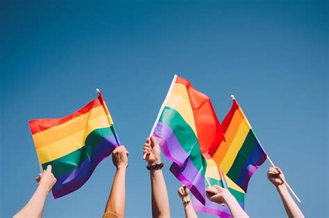 Personas Con Banderas Del Arco Iris En El Aire Foto Premium