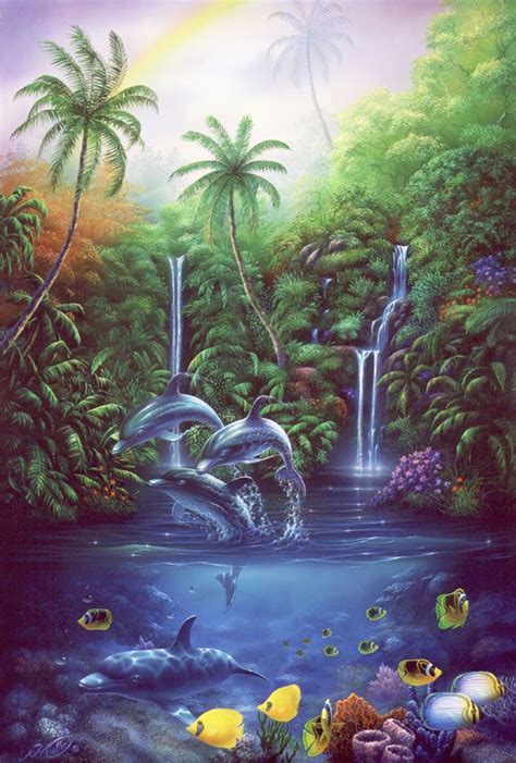 Paradise Celebration Dolphins Jumping Painting By Artist David Miller