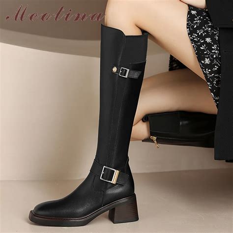 Meotina Women Genuine Leather Knee High Boots Square Toe Thick High