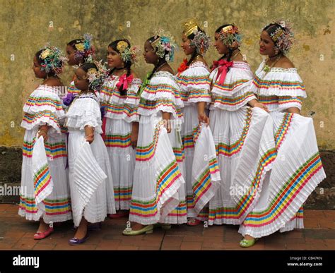 Panamanian girls wearing the pollera tireada, a panamanian typical costume, at the Panama city ...