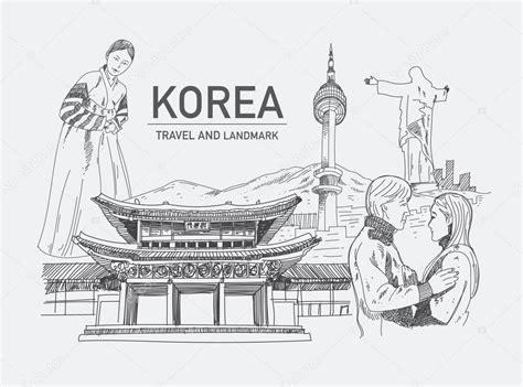 Landmarks In Korea Hand Drawn Sketch Vector — Stock Vector