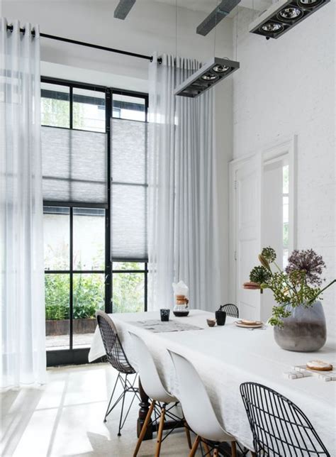 Semi Sheer Off White Blinds Paired With Matching Flowy Curtains Help To