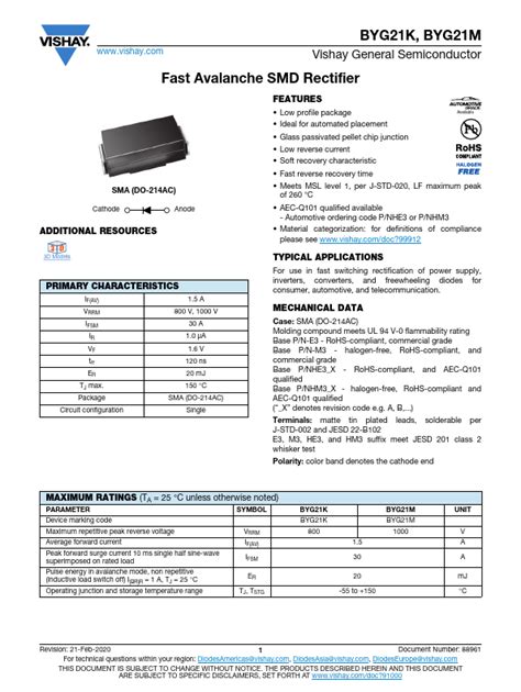 BYG21M Vishay Rectifier Hoja de datos Ficha técnica Distribuidor