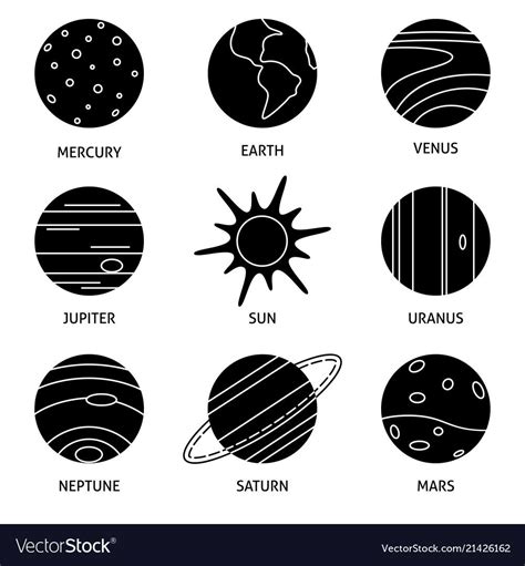 Solar System Planets Silhouettes Icon Set In Thin Vector Image On