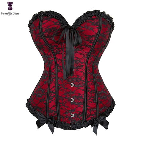 Jual Lace Up Overbust Corset Bustier Top Red Blue Black Women Bowknot