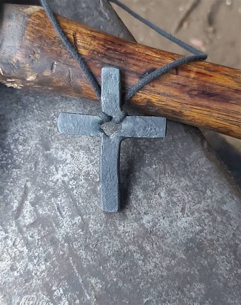 Hand Forged Cross Necklace With Black Cord Large Etsy