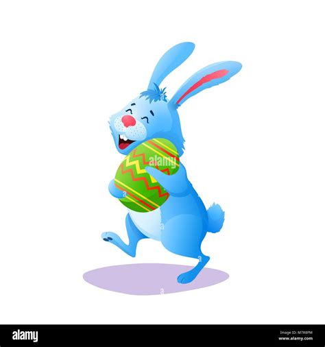 Blue Cartoon Easter Rabbit Running With Paschal Egg Isolated On White