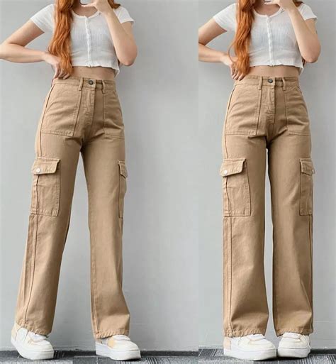 Pantalon Cargo Droit Pour Femme Taille Haute Baggy Jambes Larges