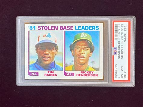 1982 Topps 164 Rickey Henderson Tim Raines Stolen Base Leaders PSA 8