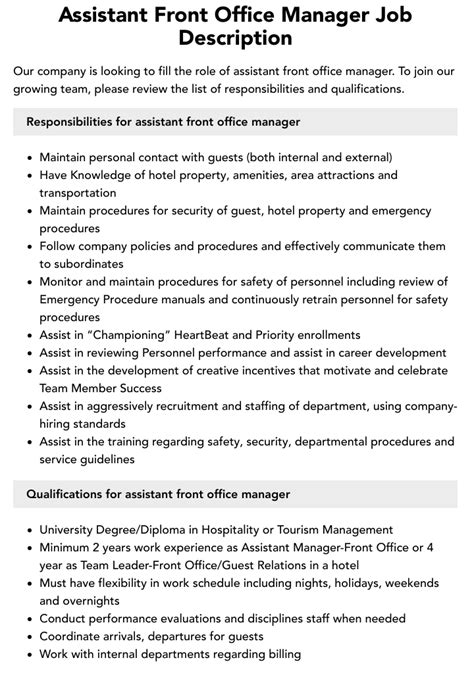 Assistant Front Office Manager Job Description Velvet Jobs